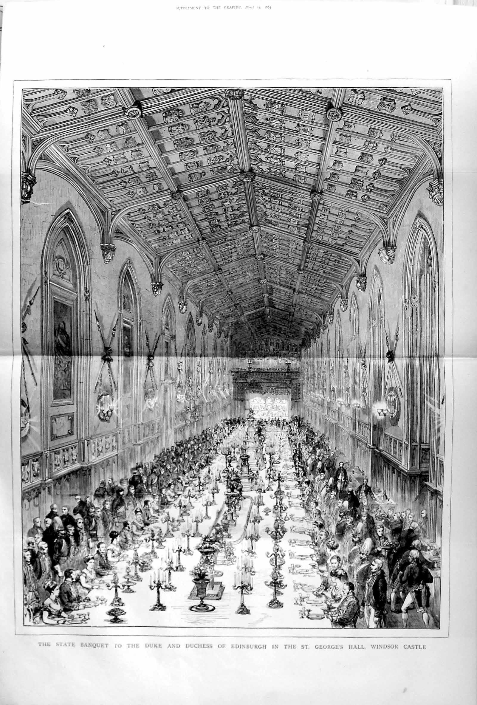 Original Old Antique Print 1874 Banquet Duke Duchess Edinburgh Windsor Castle