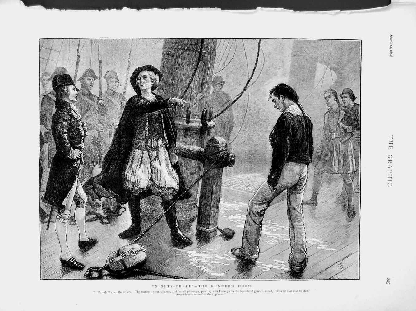 Original Old Antique Print 1874 Ship Marines Gunner'S Doom War Sailors 19th
