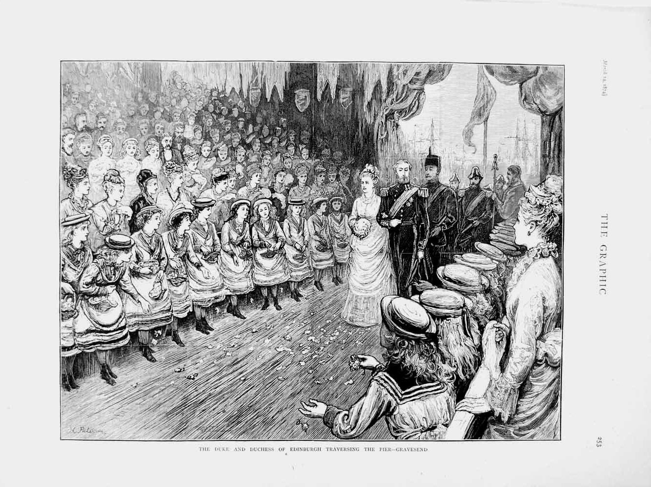 Original Old Antique Print 1874 Duke Duchess Edinburgh Pier Gravesend Children