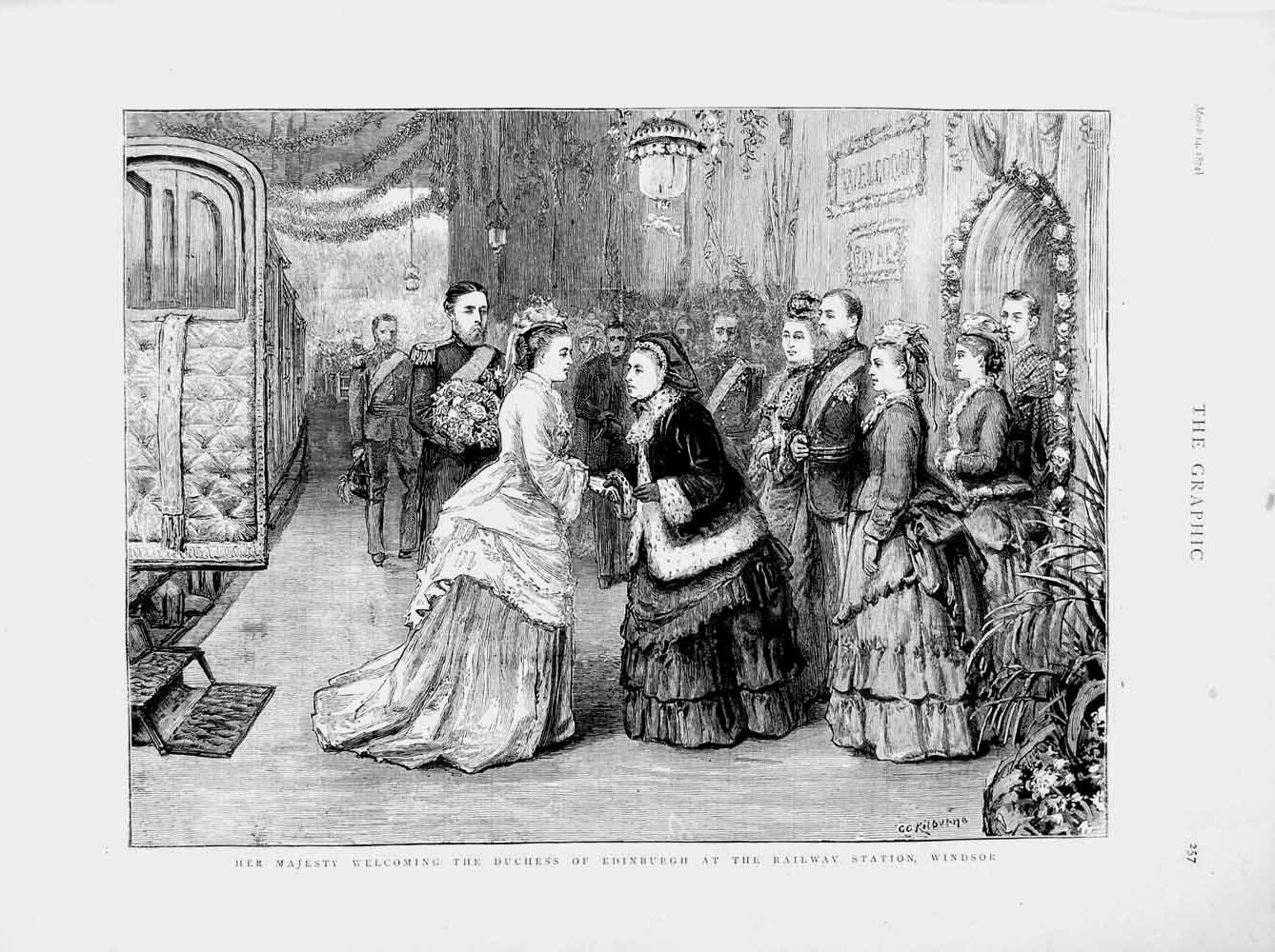 Original Old Antique Print 1874 Queen Duchess Edinburgh Railway Station Windsor