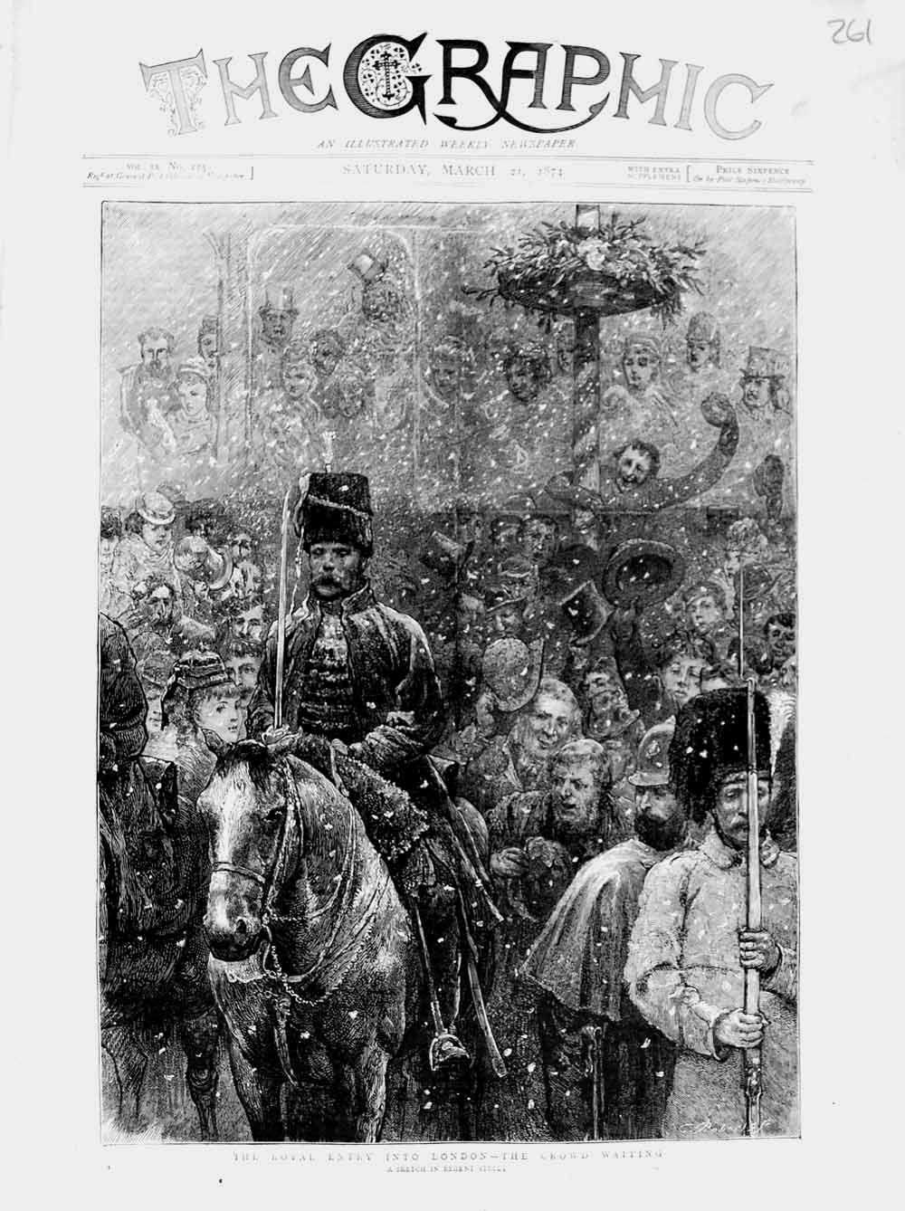 Old Antique Print 1874 Royal Family London Regent Street Snow Horse Guard 19th