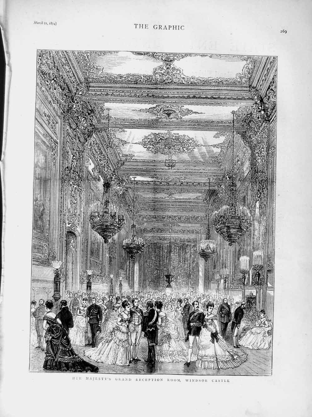 Old Antique Print 1874 Majesty Queen Grand Reception Room Windsor Castle 19th