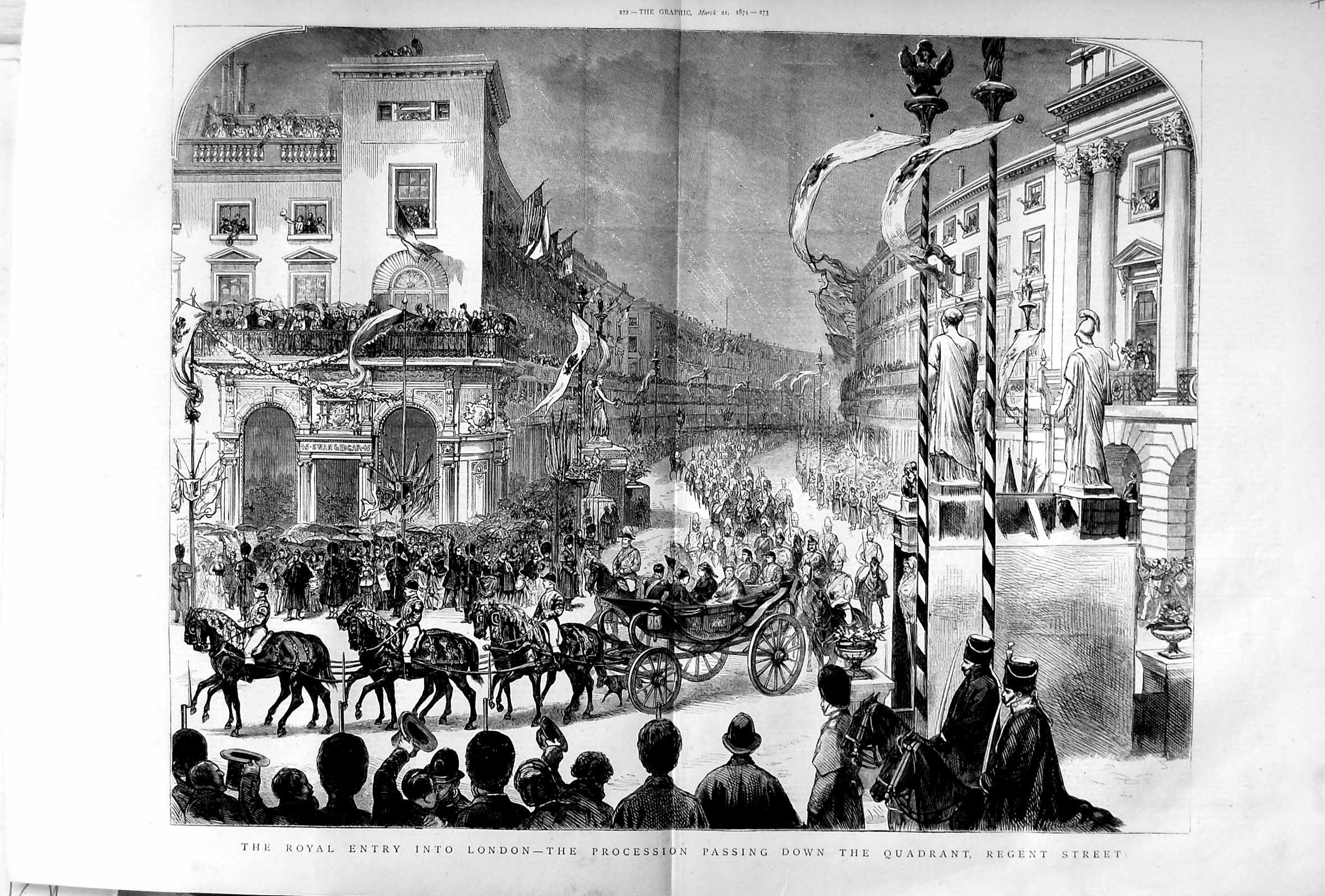 Old Antique Print 1874 Royal Family London Quadrant Regent Whitehall Art 19th