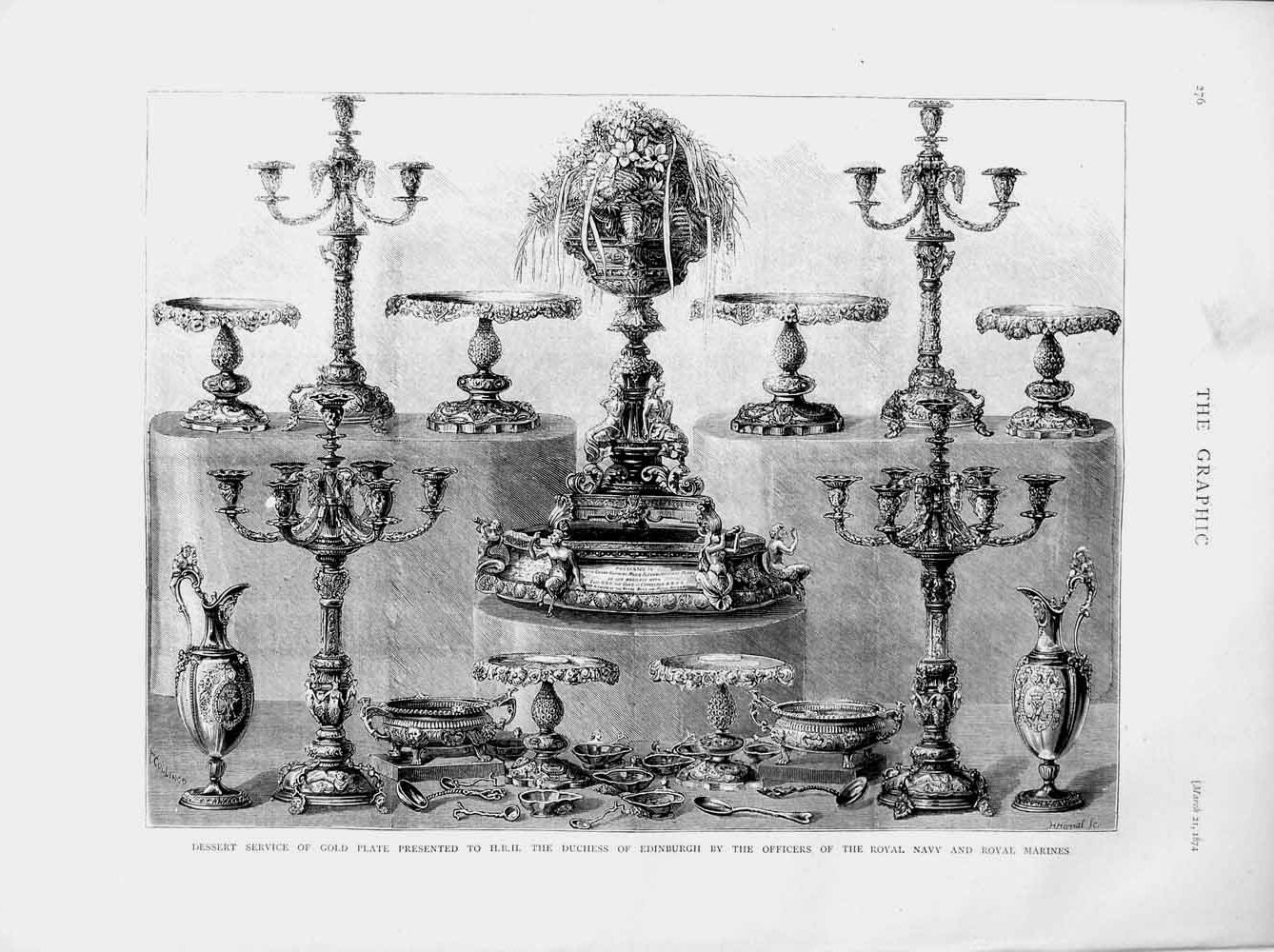 Original Old Antique Print 1874 Dessert Service GPlate Duchess Edinburgh Navy