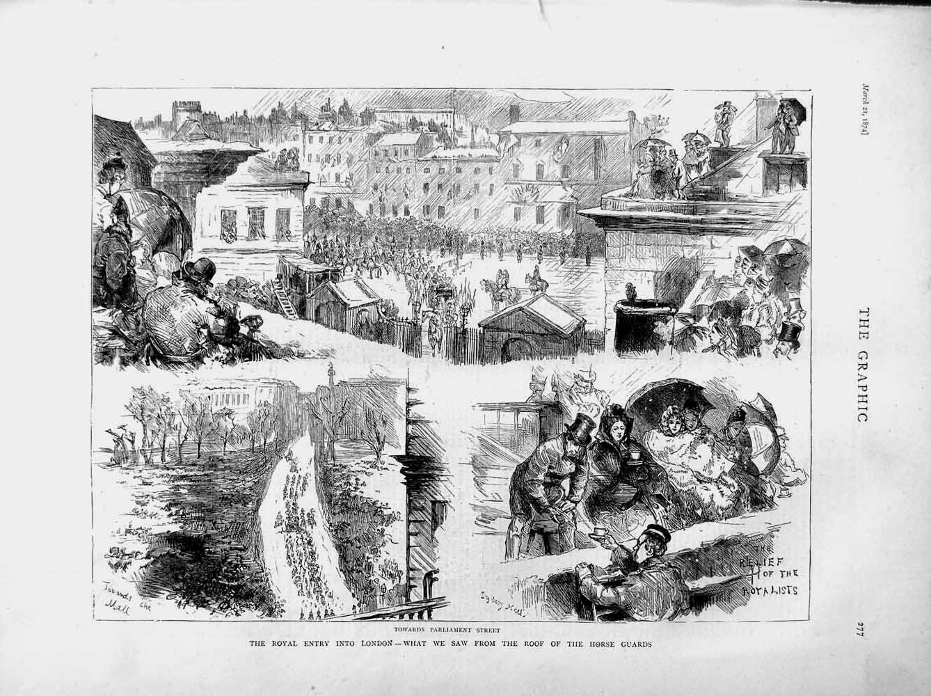 Original Old Antique Print 1874 Royalty London Horse Guards Parliament Mall