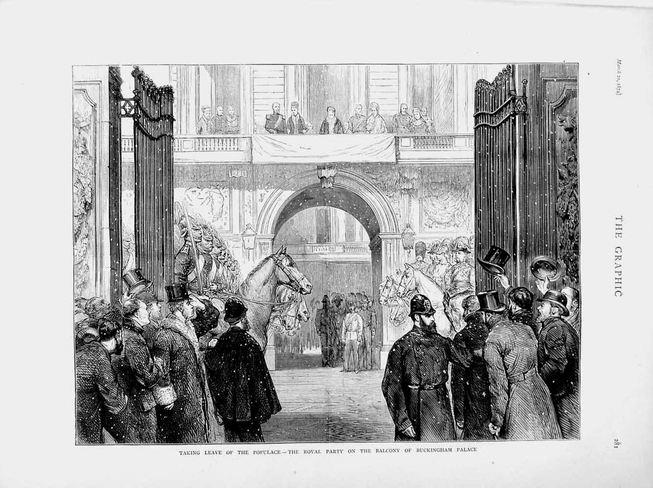 Original Old Antique Print 1874 Royal Party Balcony Buckingham Palace London
