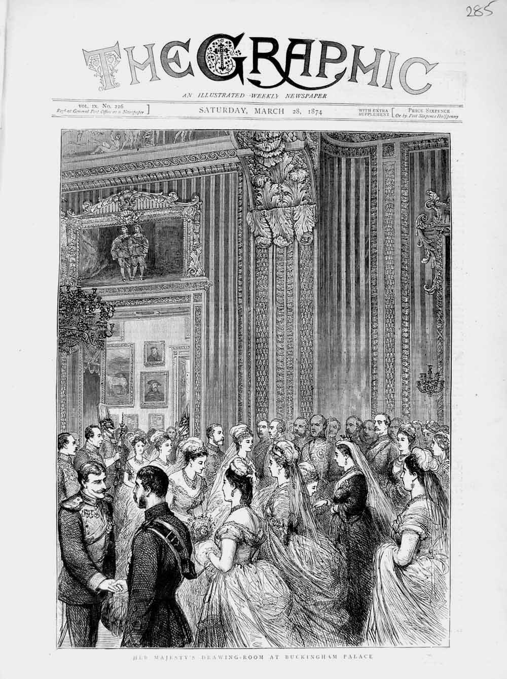 Original Old Antique Print 1874 Majesty Queen Drawing Room Buckingham Palace