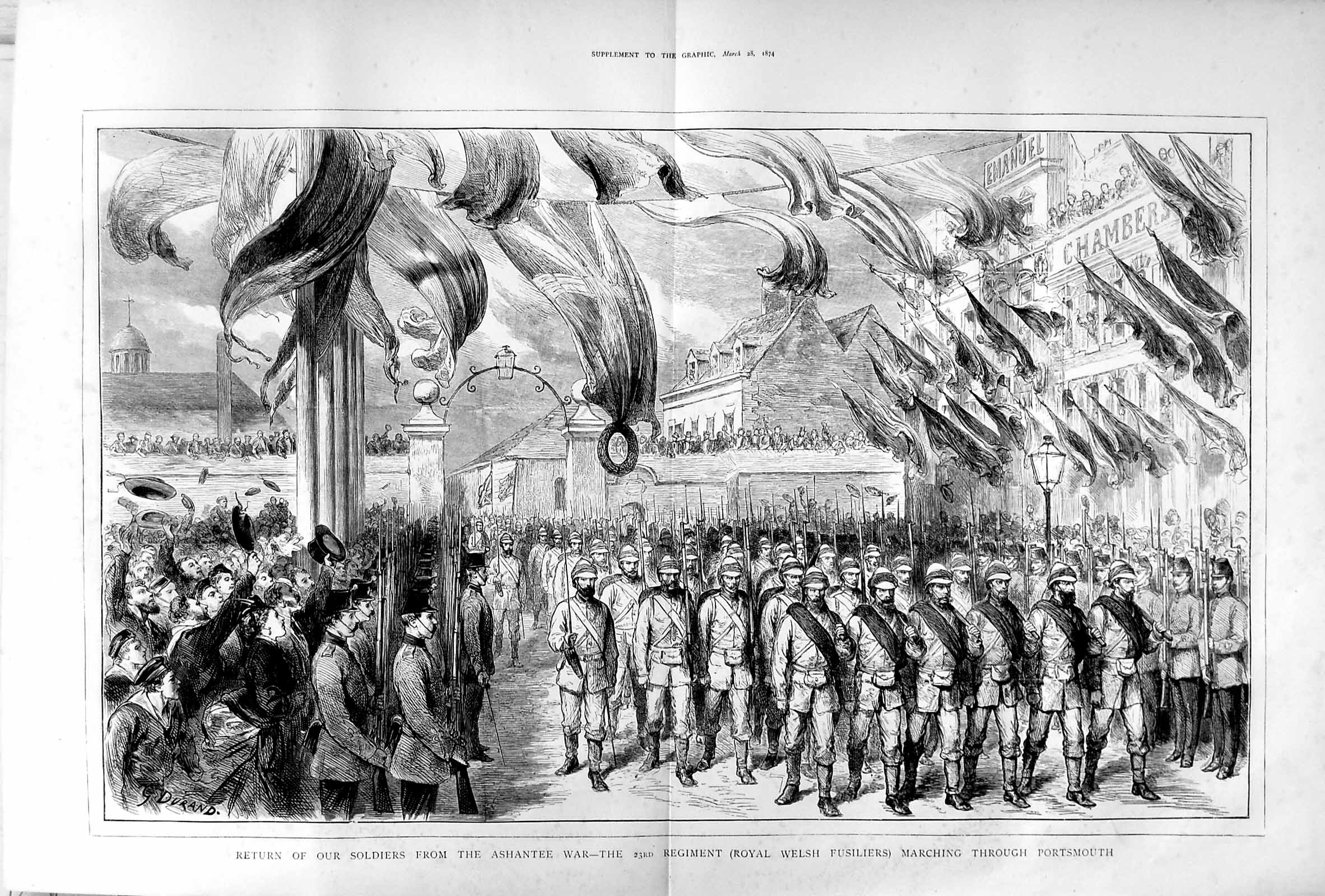 Original Old Antique Print 1874 British Siers Ashantee War Portsmouth Welsh