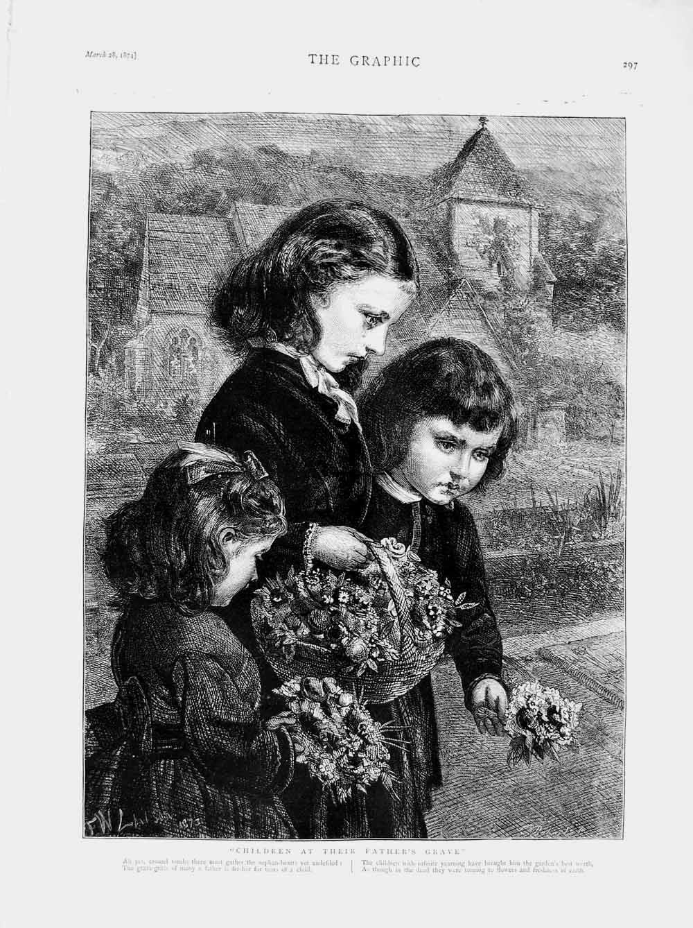 Original Old Antique Print 1874 Children Fathers Grave Flowers Basket Fine Art