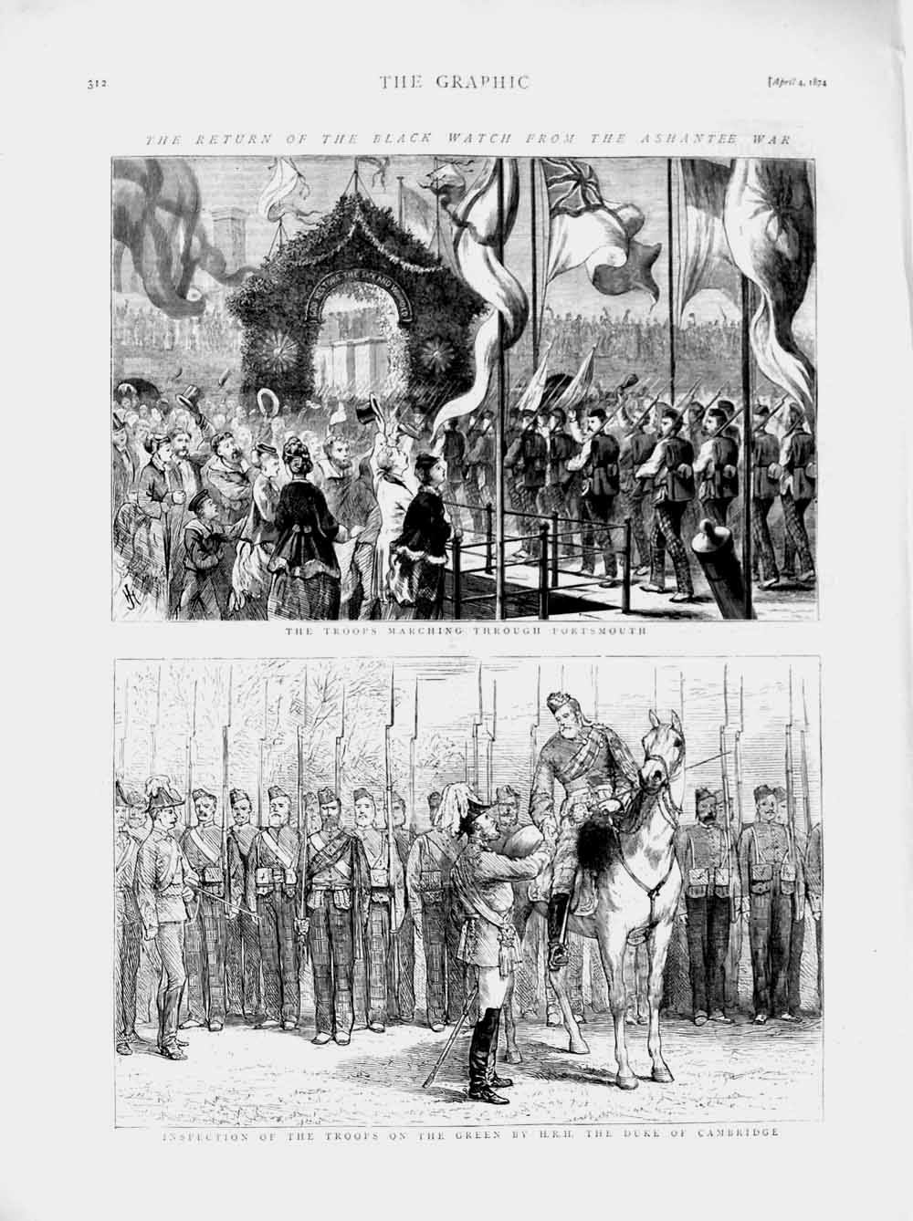 Original Old Antique Print 1874 Duke Cambridge Black Watch Siers Ashantee War