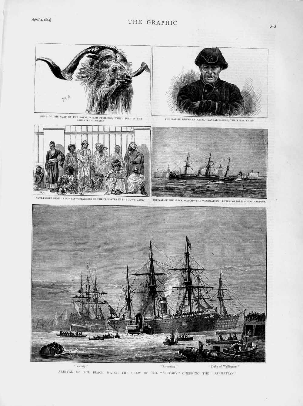 Old Antique Print 1874 Ship Victory Sarmatian Duke Wellington Kaffir Goat 19th