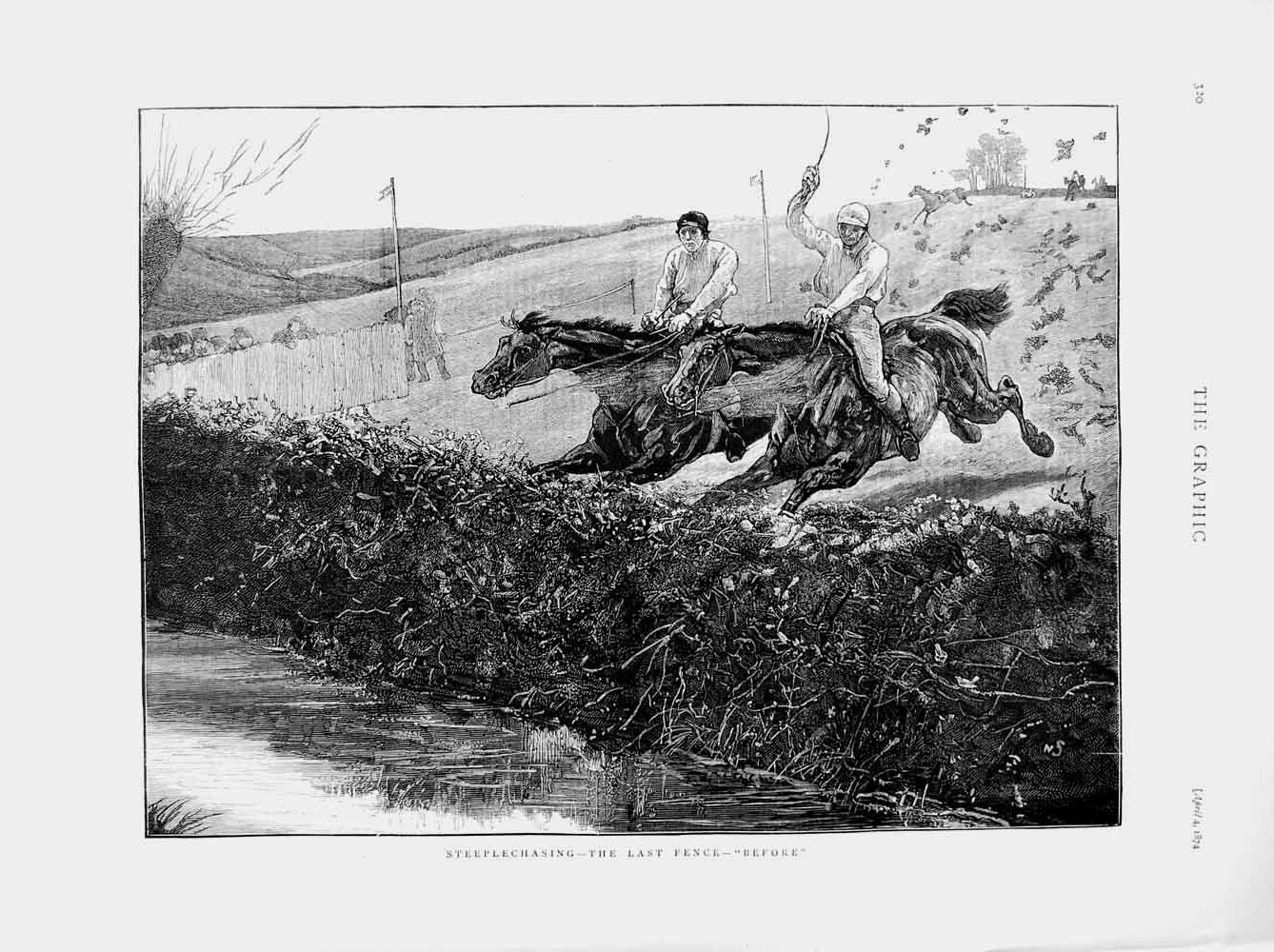 Old Antique Print 1874 Horse Racing Sport Steeplechasing Jumping Jockey 19th