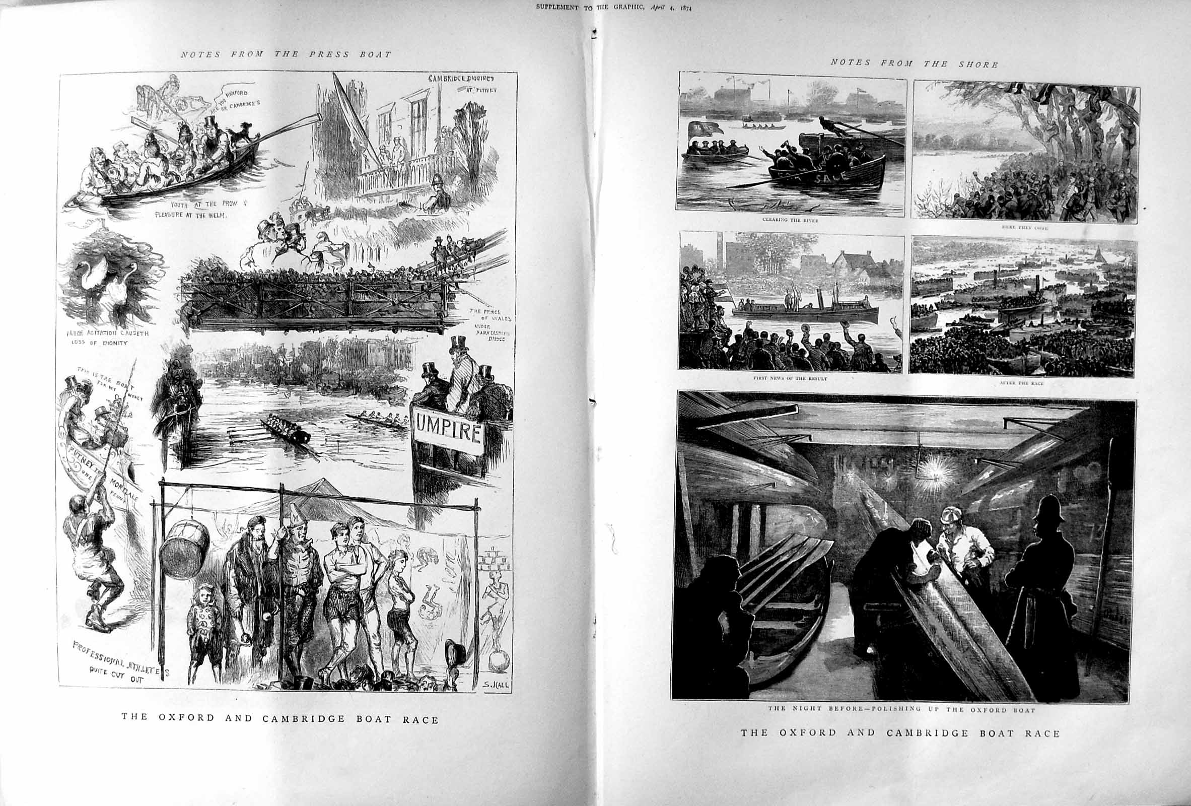 Original Old Antique Print 1874 Oxford Cambridge University Boat Race Sport