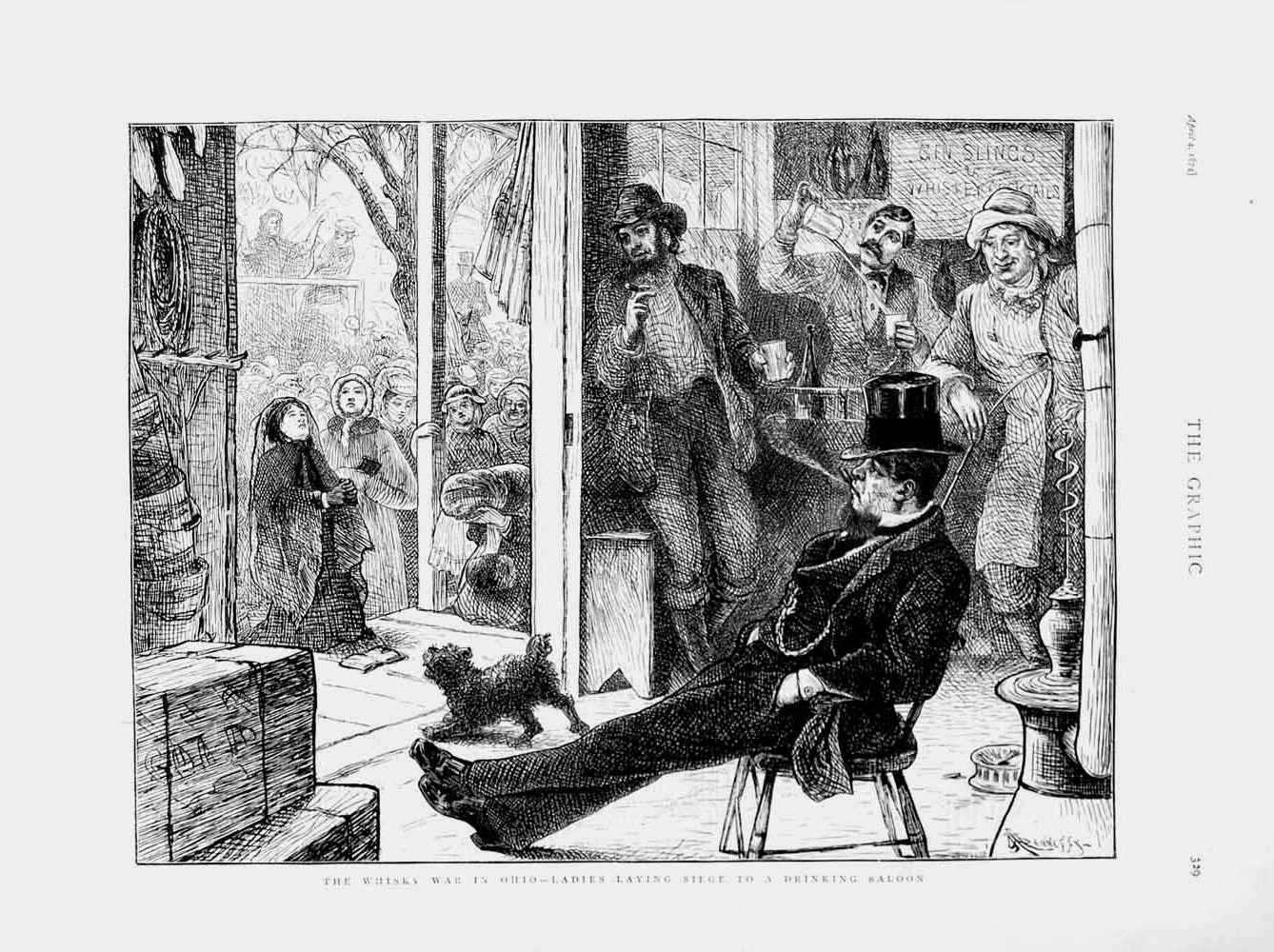 Original Old Antique Print 1874 Whisky War Ohio Ladies Siege Drinking Saloon