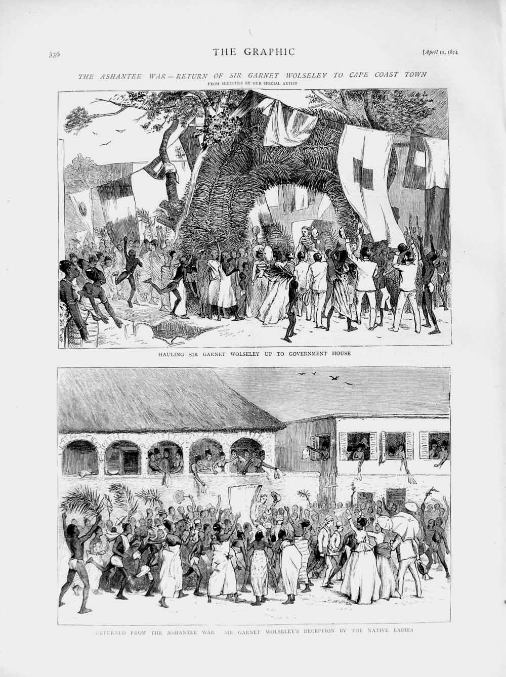 Old Antique Print 1874 Ashantee War Wolseley Cape Coast Native Government 19th