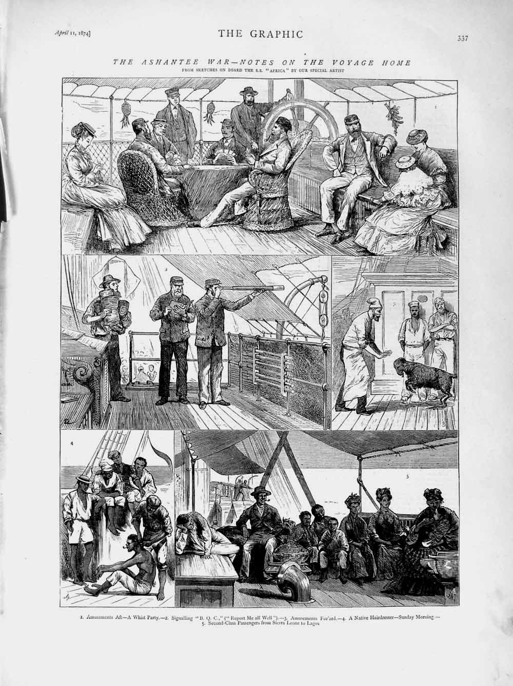 Original Old Antique Print 1874 Ashantee War Ship Africa Whist Party Passengers
