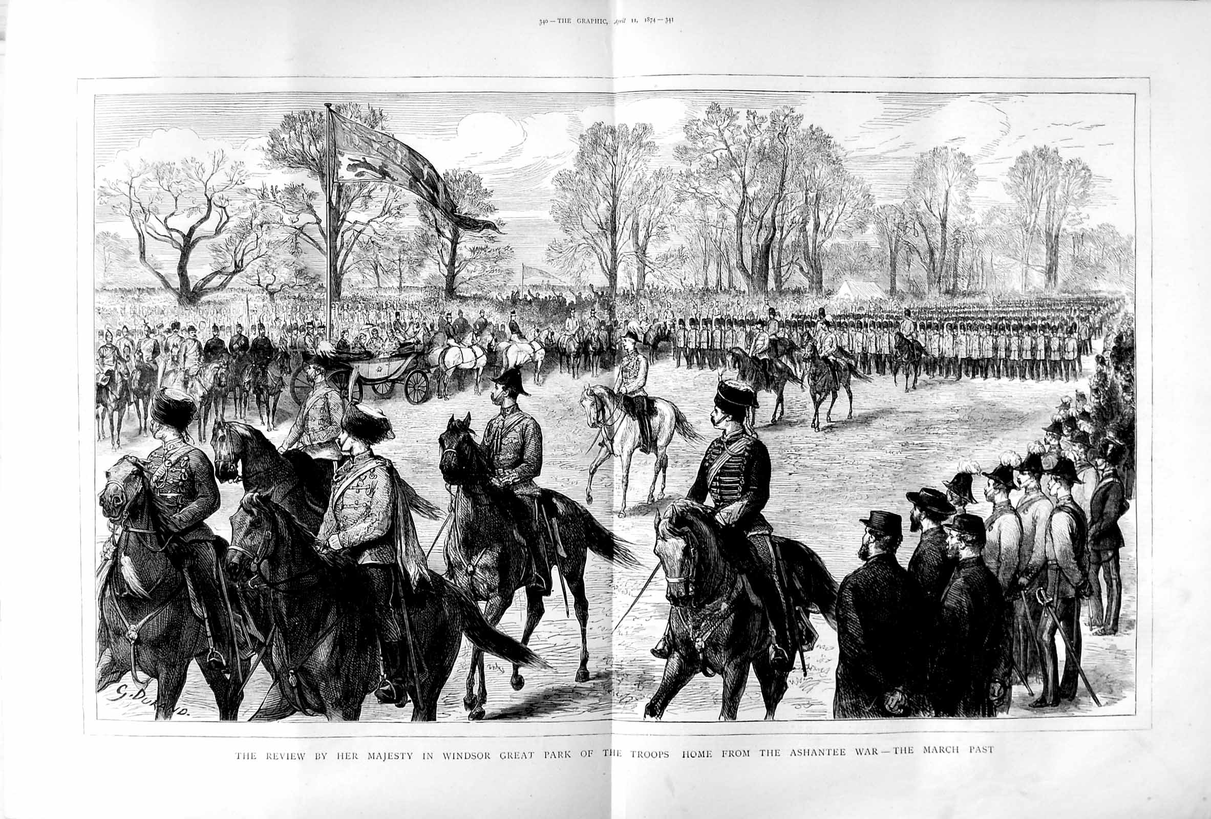 Original Old Antique Print 1874 Queen Windsor Park Siers Ashantee War Horses