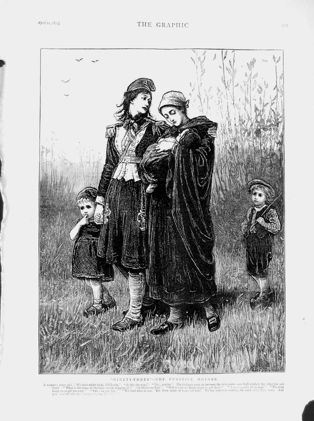Original Old Antique Print 1874 Fugitive Mother Children Country 19th