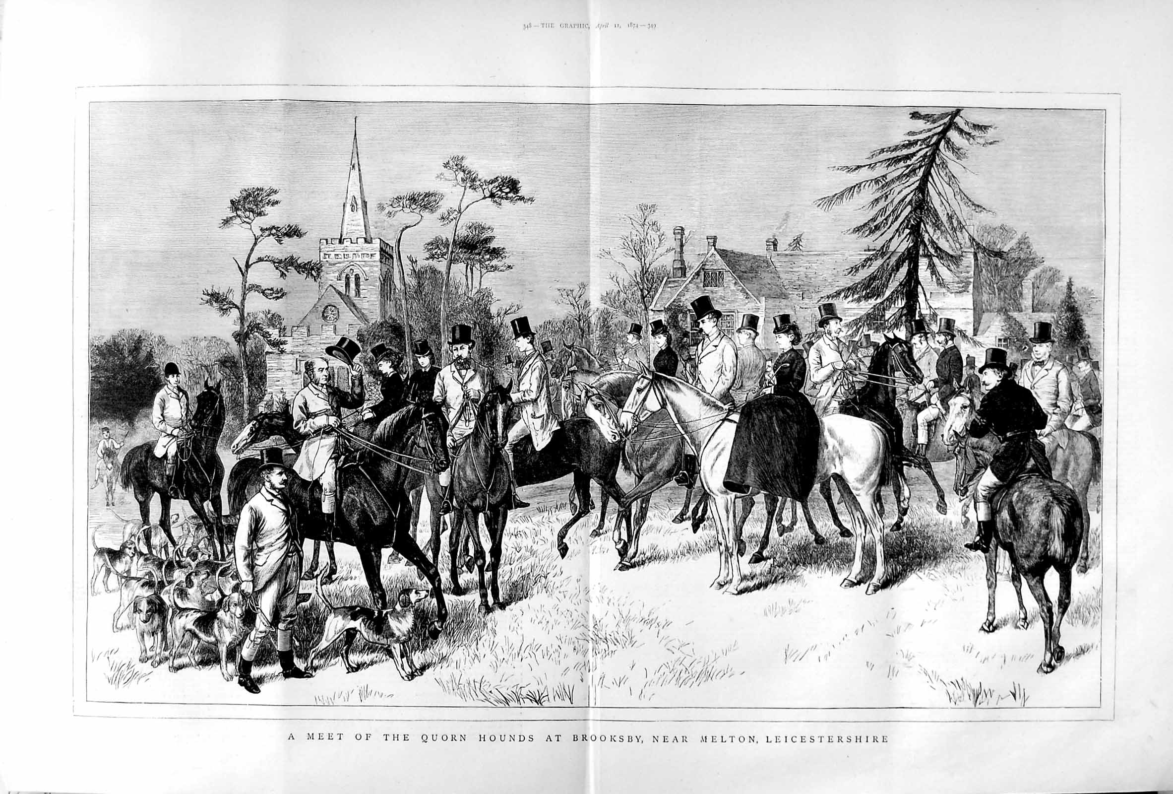 Old Antique Print 1874 Quorn Hounds Brooksby Melton Leicestershire Hunt 19th