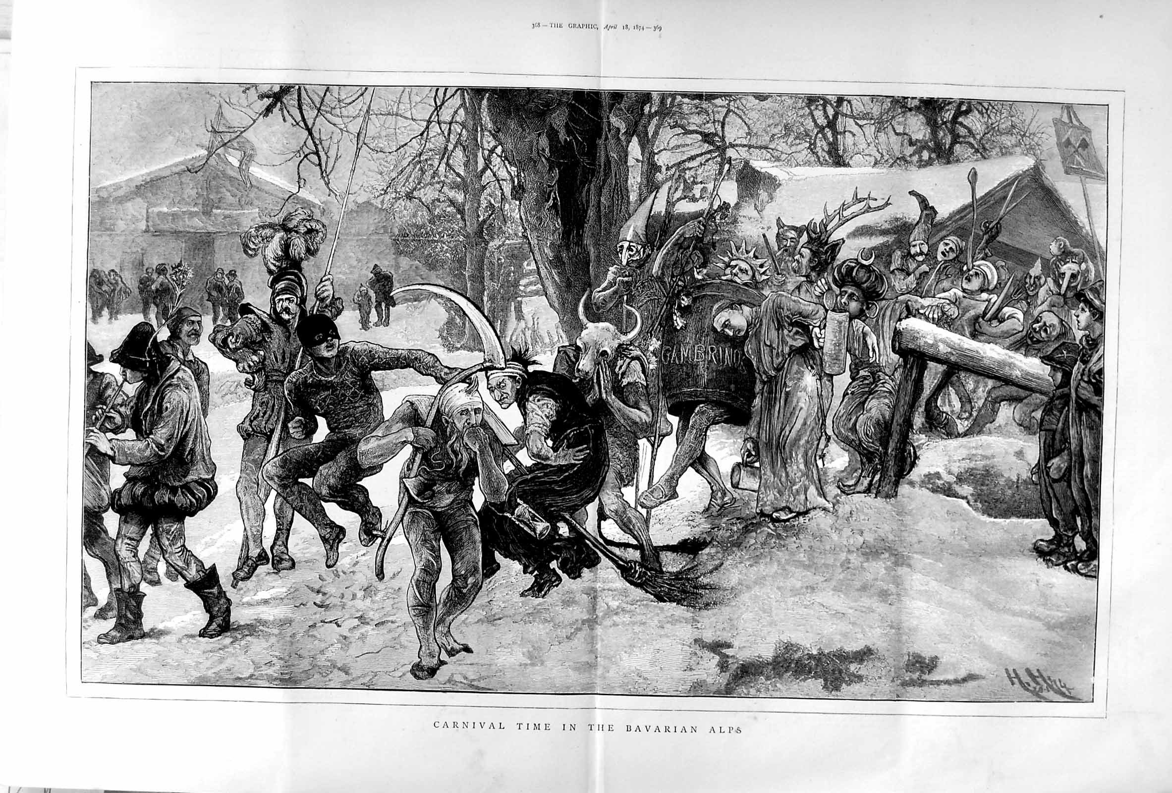 Old Antique Print 1874 Carnival Time Bavarian Alps Fancy Dress Costumes 19th
