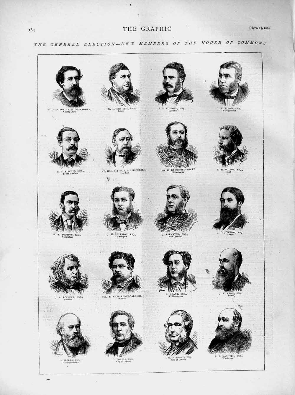 Original Old Antique Print 1874 House Commons Men Christie CobbWolfe Denison