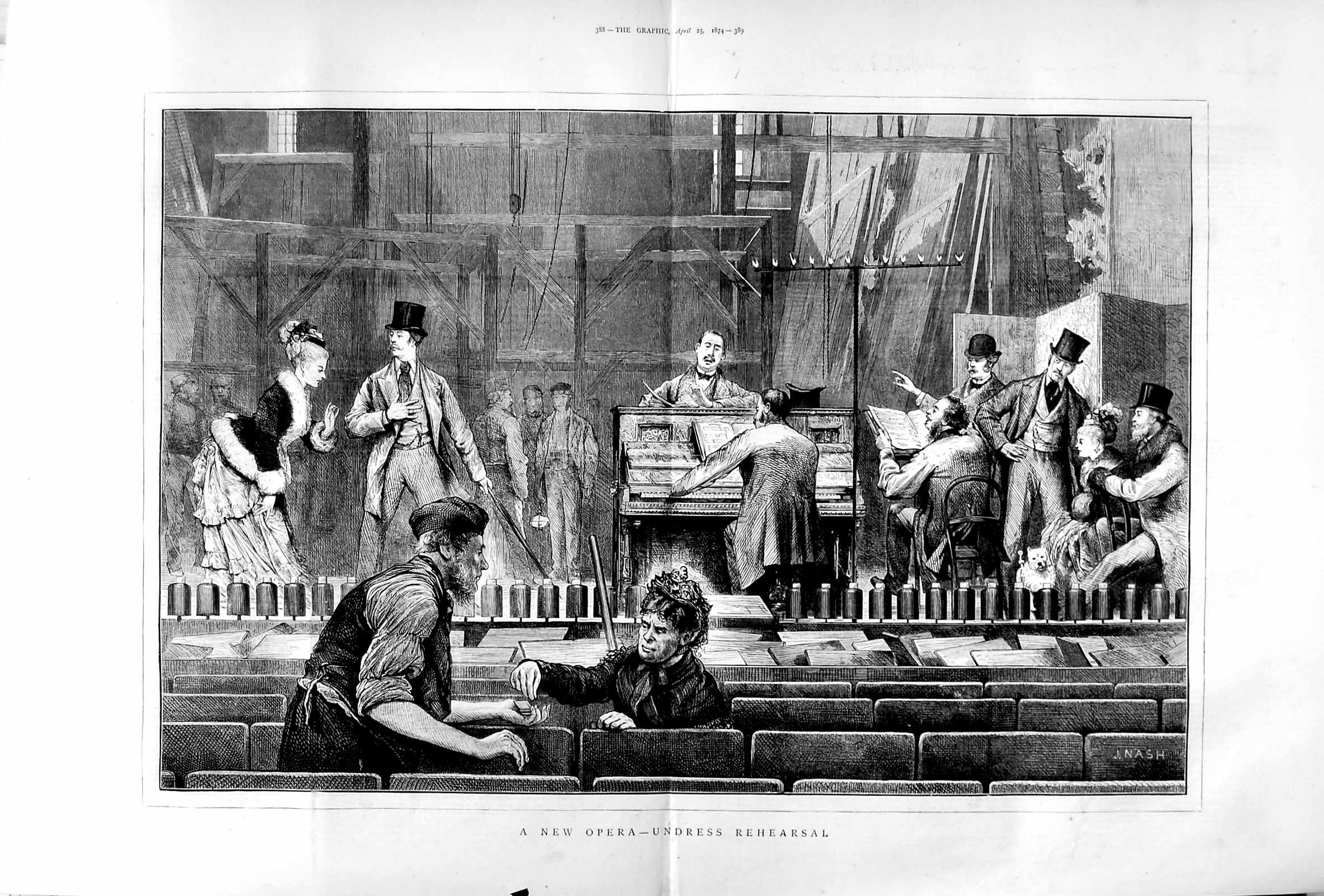 Old Antique Print 1874 New Opera Undress Rehearsal Theatre Stage People 19th