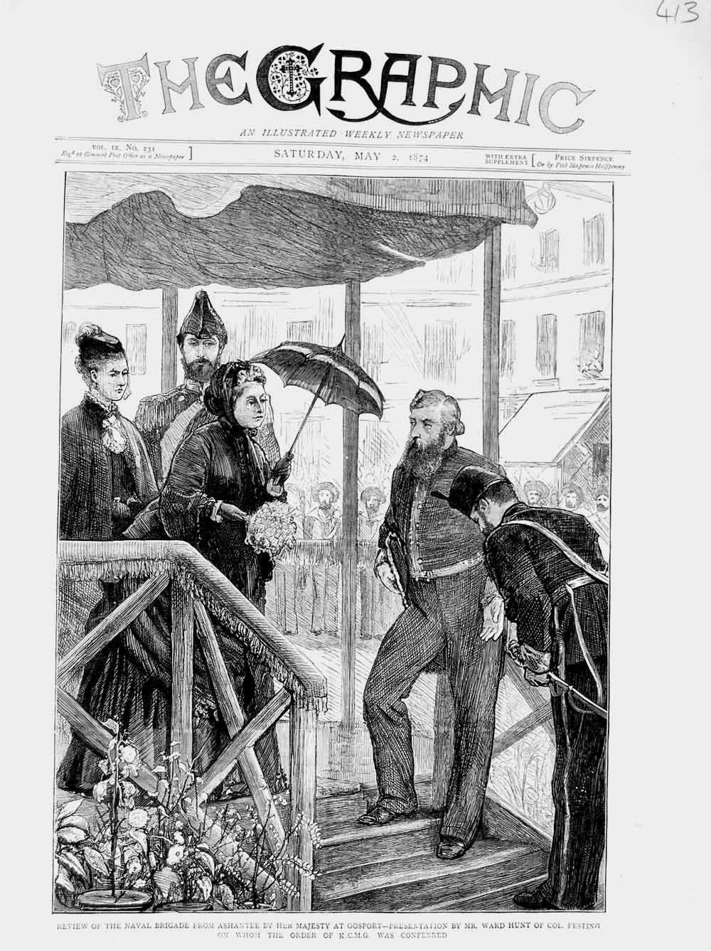 Original Old Antique Print 1874 Ashantee War Queen Gosport Ward Hunt Festing