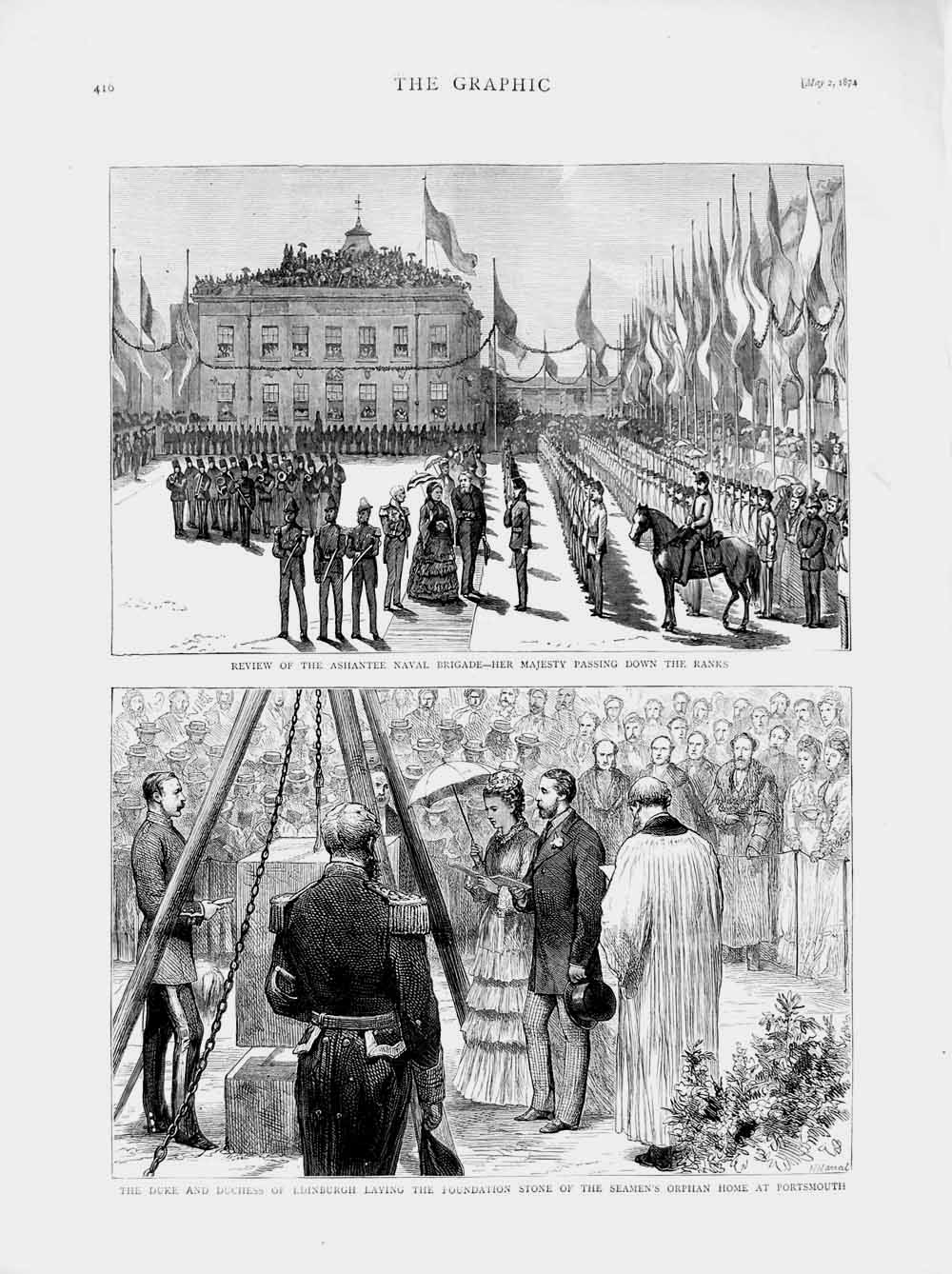 Old Antique Print 1874 Duke Edinburgh Portsmouth Orphans Ashantee Naval 19th