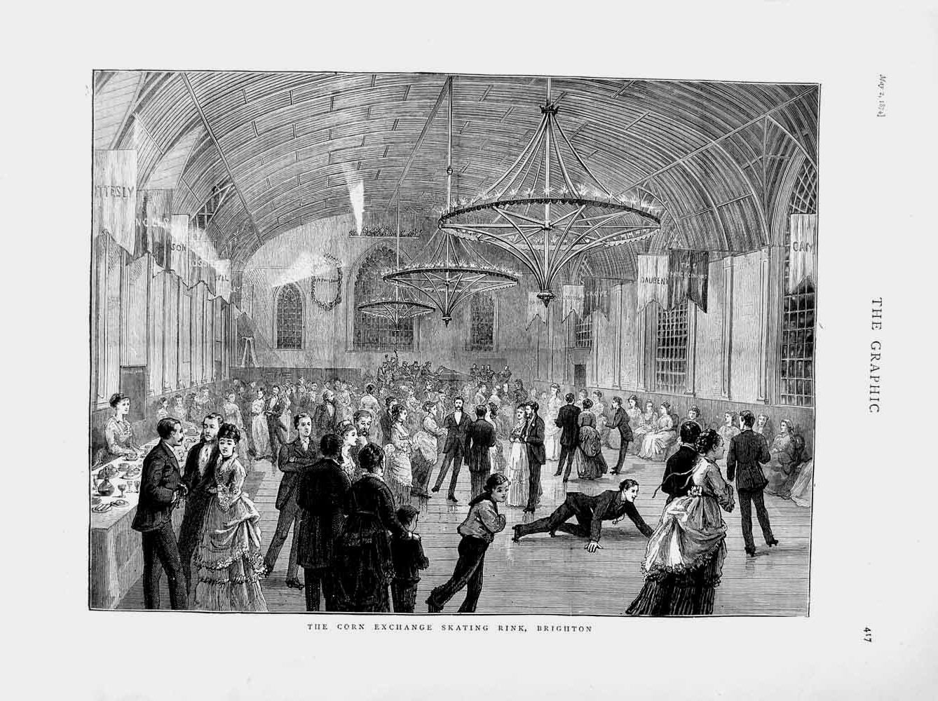 Old Antique Print 1874 Scene Corn Exchange Skating Rink Brighton People 19th