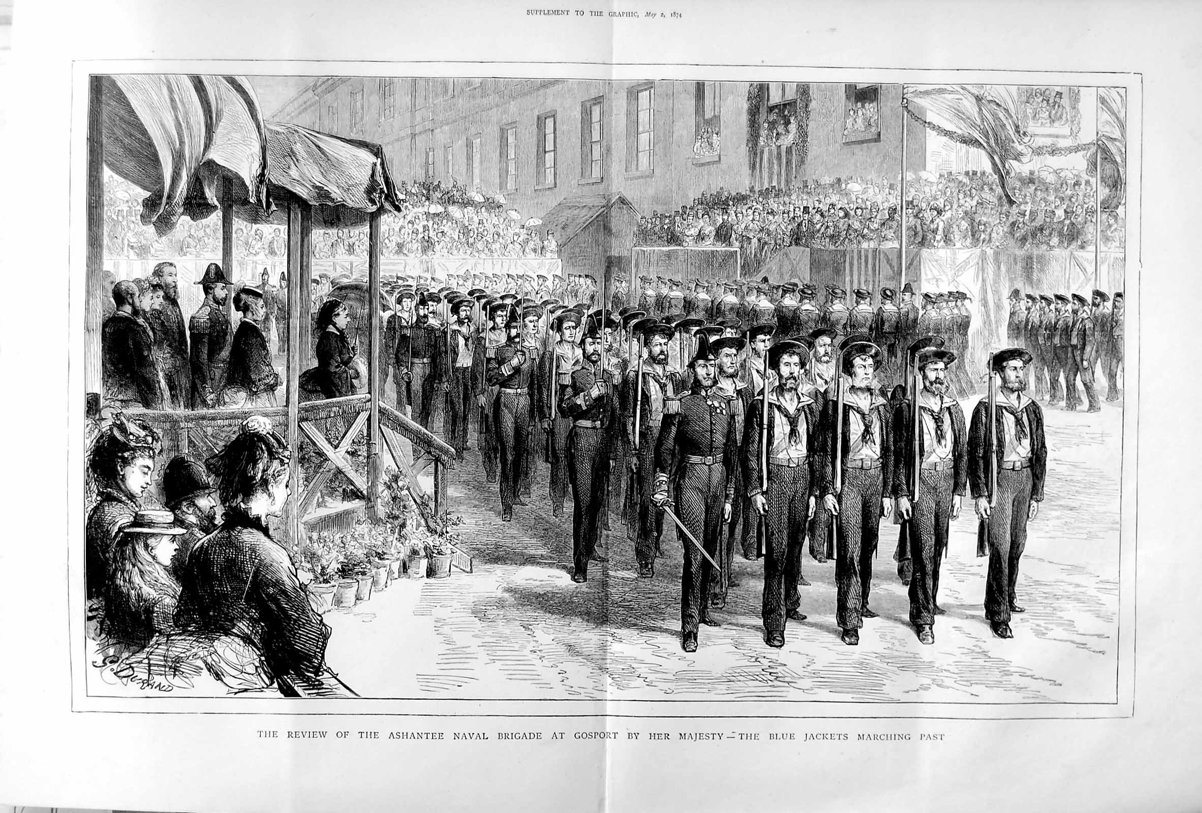 Old Antique Print 1874 Ashantee Naval Brigade Gosport Clue Jackets Queen 19th