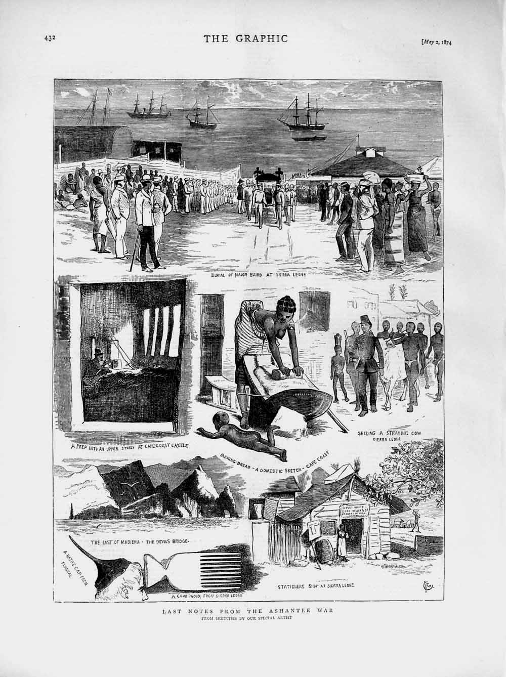 Old Antique Print 1874 Ashantee War Major Baird Sierra Leone Cape Castle 19th