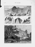 Old Antique Print 1874 Railway Train Naples Mount Vesuvius Warwick Castle 19th