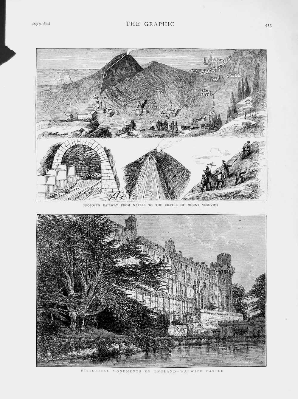 Old Antique Print 1874 Railway Train Naples Mount Vesuvius Warwick Castle 19th