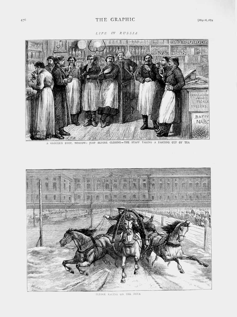 Old Antique Print 1874 Life Russia Grocer'S Shop Moscow Sledge Horse Neva 19th