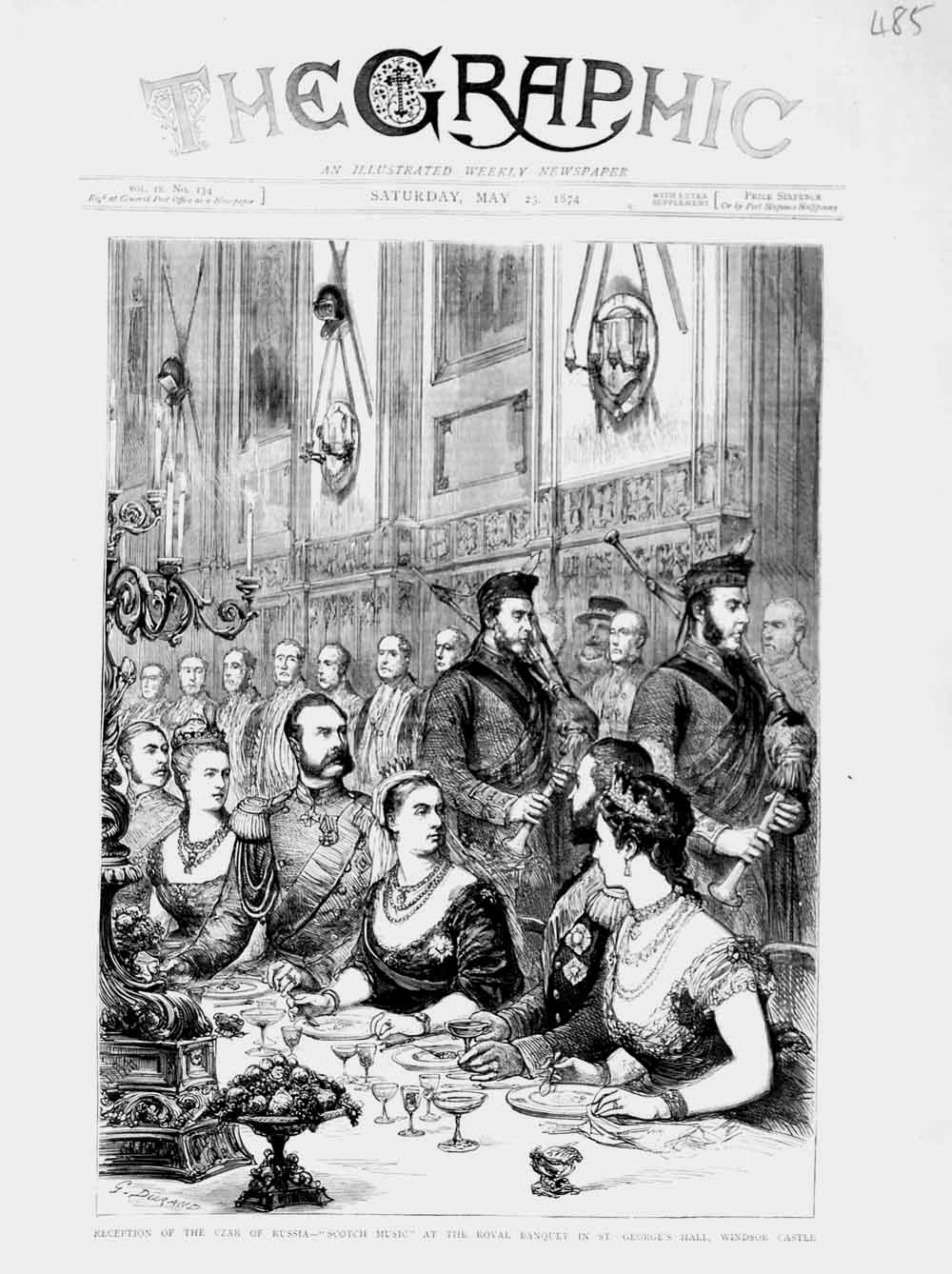 Original Old Antique Print 1874 Czar Russia Scotch Music Banquet Windsor Castle