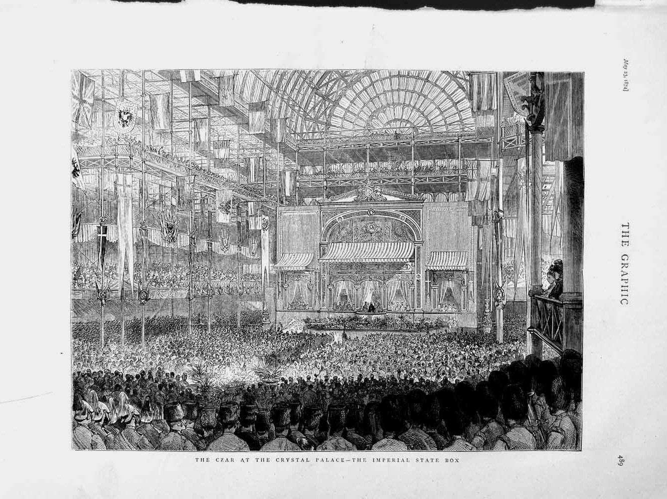 Original Old Antique Print 1874 Czar Crystal Palace Imperial State Box Theatre