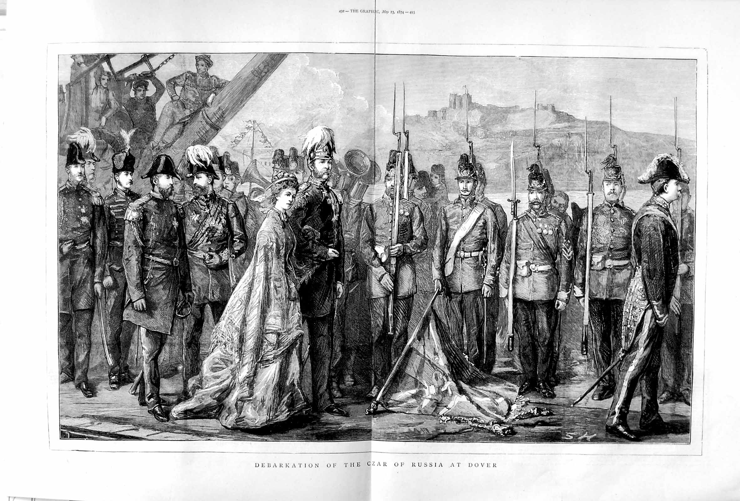 Original Old Antique Print 1874 Debarkation Czar Russia Dover Ship Siers War