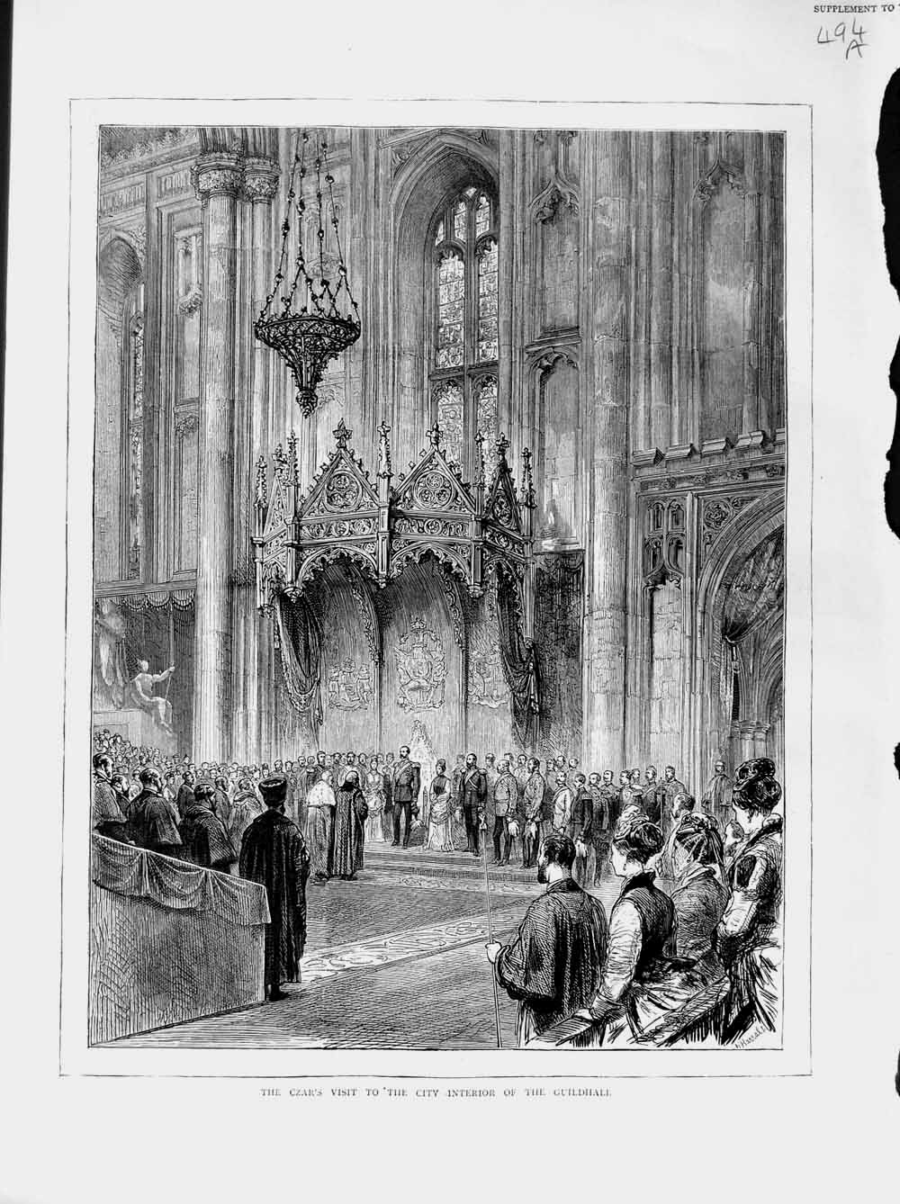 Original Old Antique Print 1874 Czar Visit London England Interior Guildhall