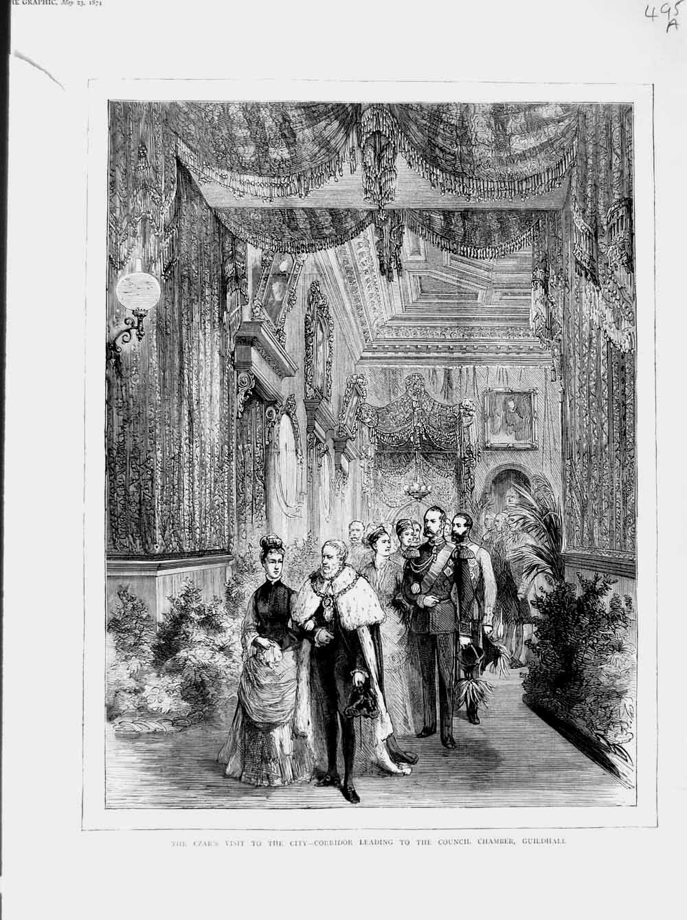 Original Old Antique Print 1874 Czar Visit London Council Chamber Guildhall
