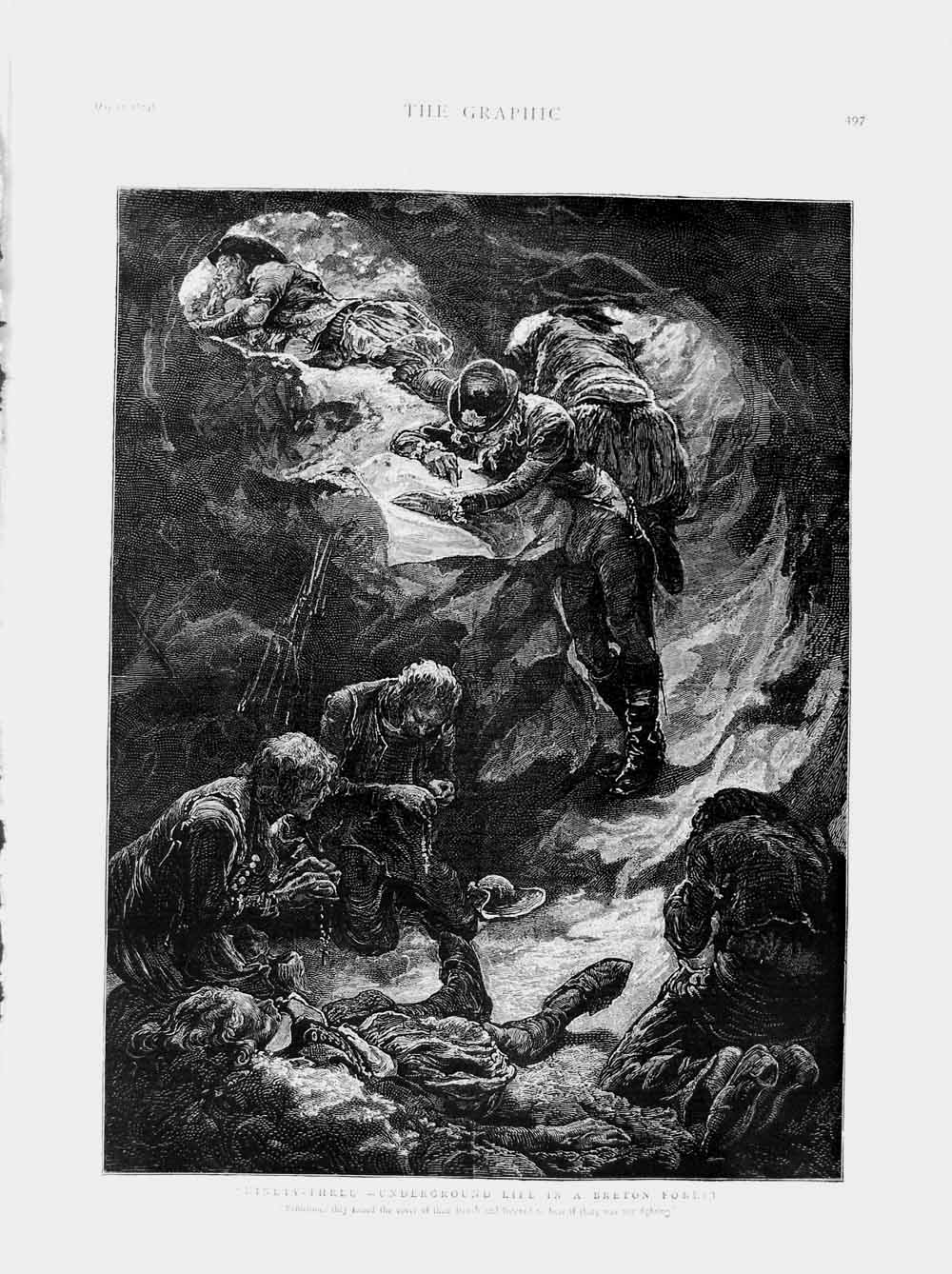 Original Old Antique Print 1874 Underground Life Breton Forest Cave People Art