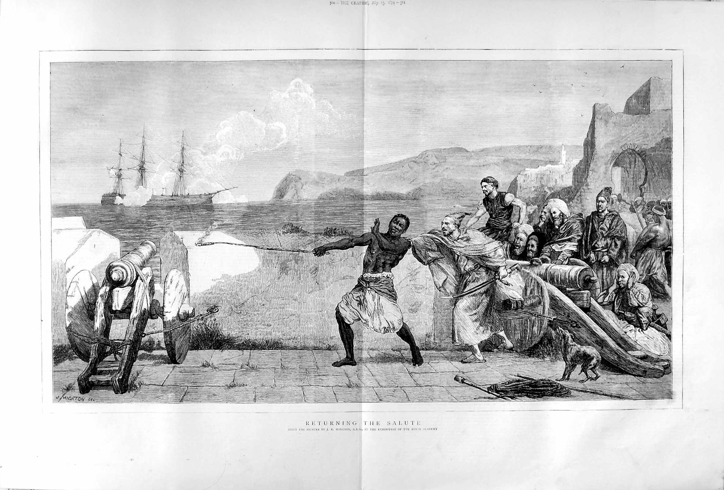Original Old Antique Print 1874 Ships War Canon Gun Native People Dog 19th