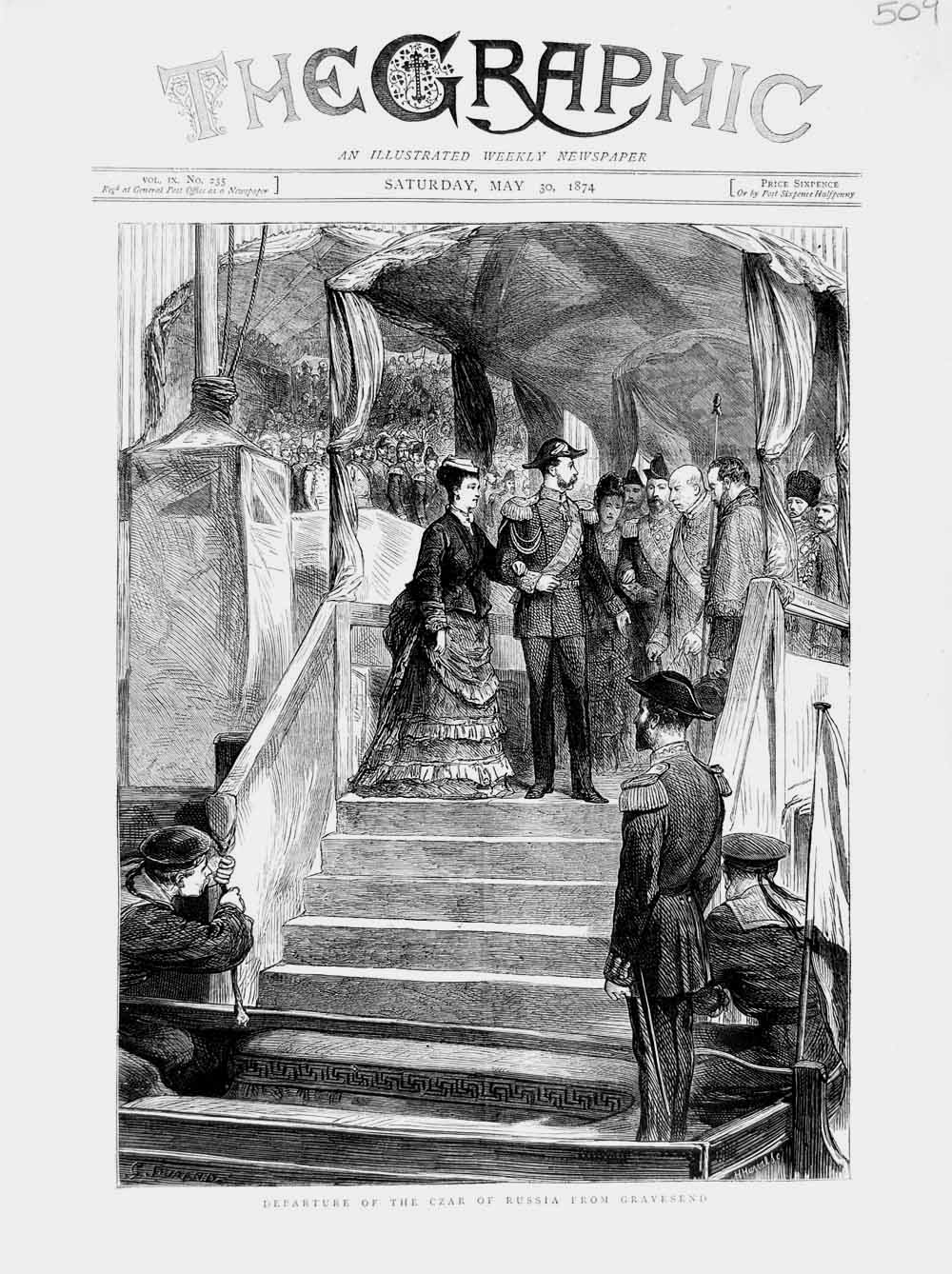 Original Old Antique Print 1874 Departure Czar Russia Gravesend England 19th