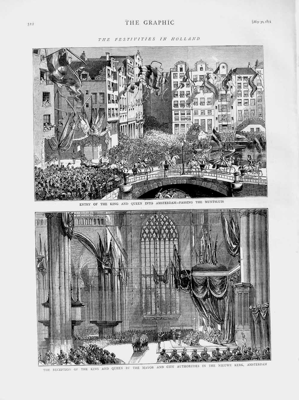 Original Old Antique Print 1874 Holland King Queen Amsterdam Nieuwe Kerk Mayor