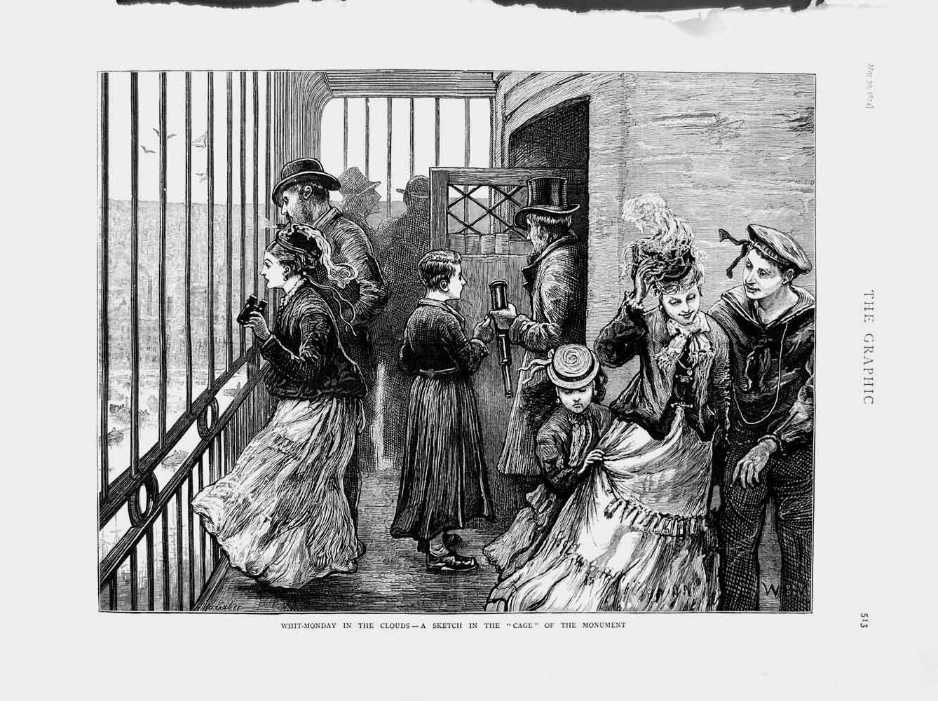 Original Old Antique Print 1874 Whit-Monday Cage Monument People Family Holiday
