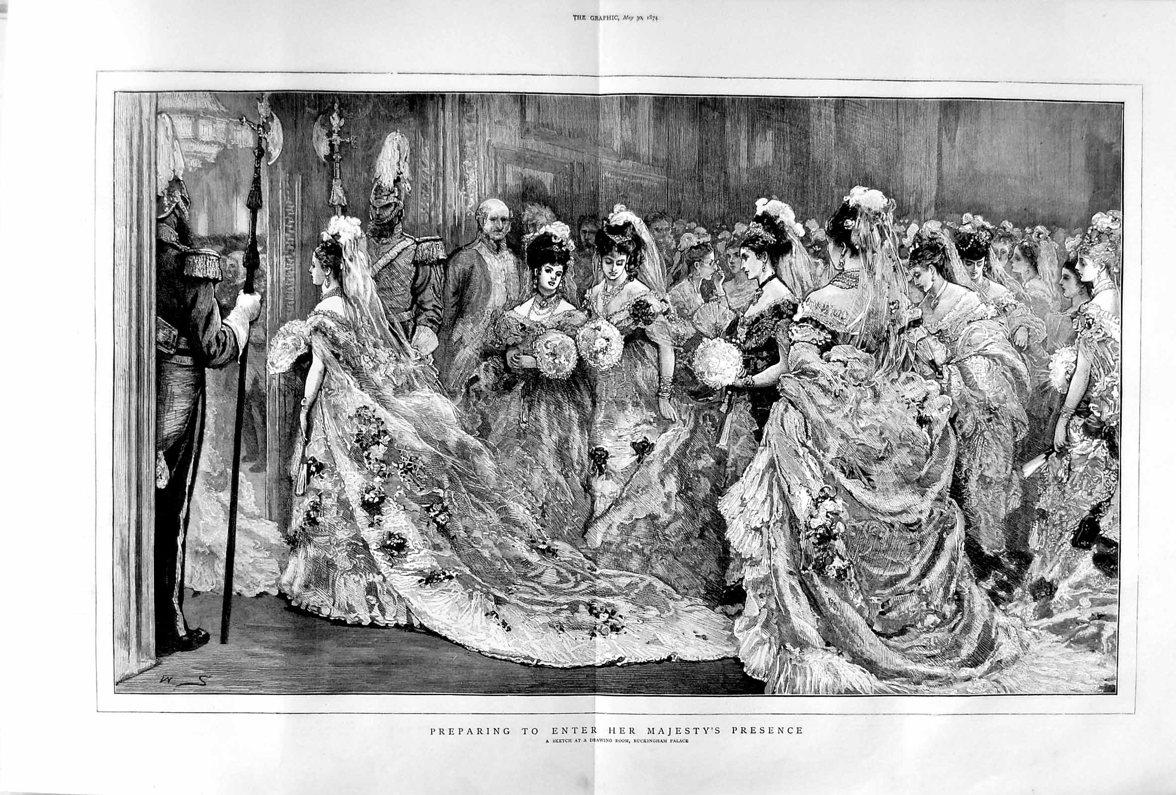 Original Old Antique Print 1874 Drawing Room Buckingham Palace London Queen