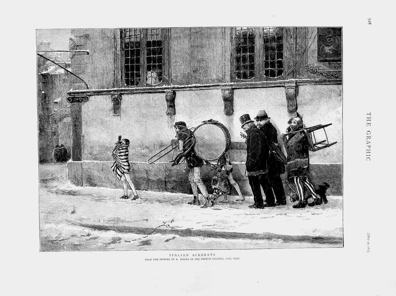 Old Antique Print 1874 Scene Italian Acrobats Music Performers Pall Mall 19th