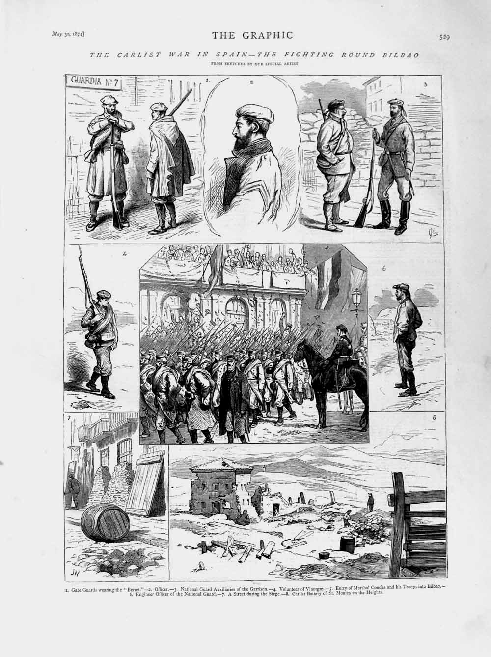 Old Antique Print 1874 Carlist War Spain Bilbao Fighting Vinorgre Concha 19th