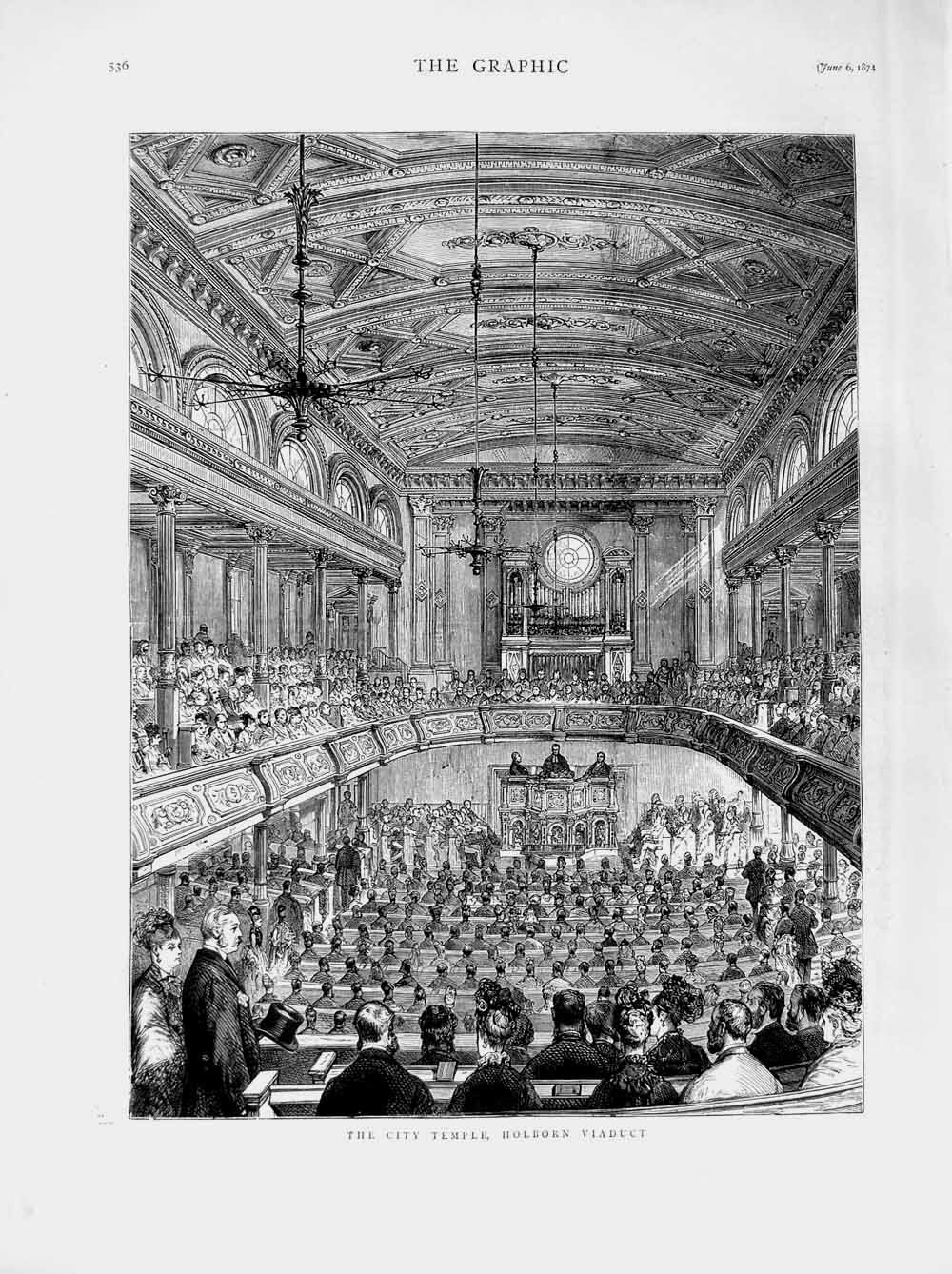Old Antique Print 1874 Interior City Temple Holborn Viaduct Architecture 19th