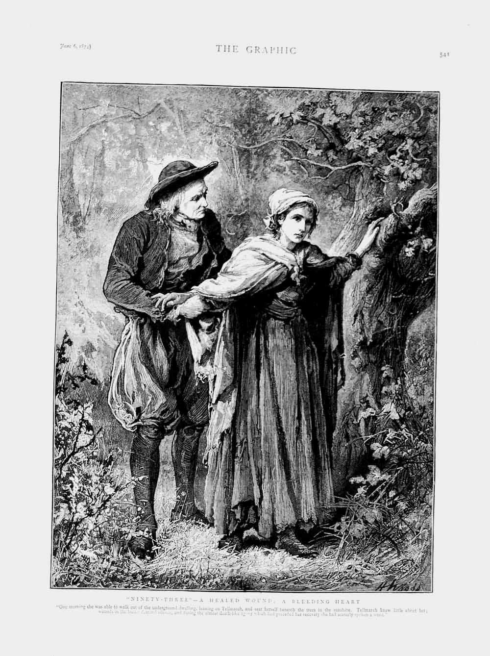 Original Old Antique Print 1874 Man Woman Tree Tellmarch Country 19th
