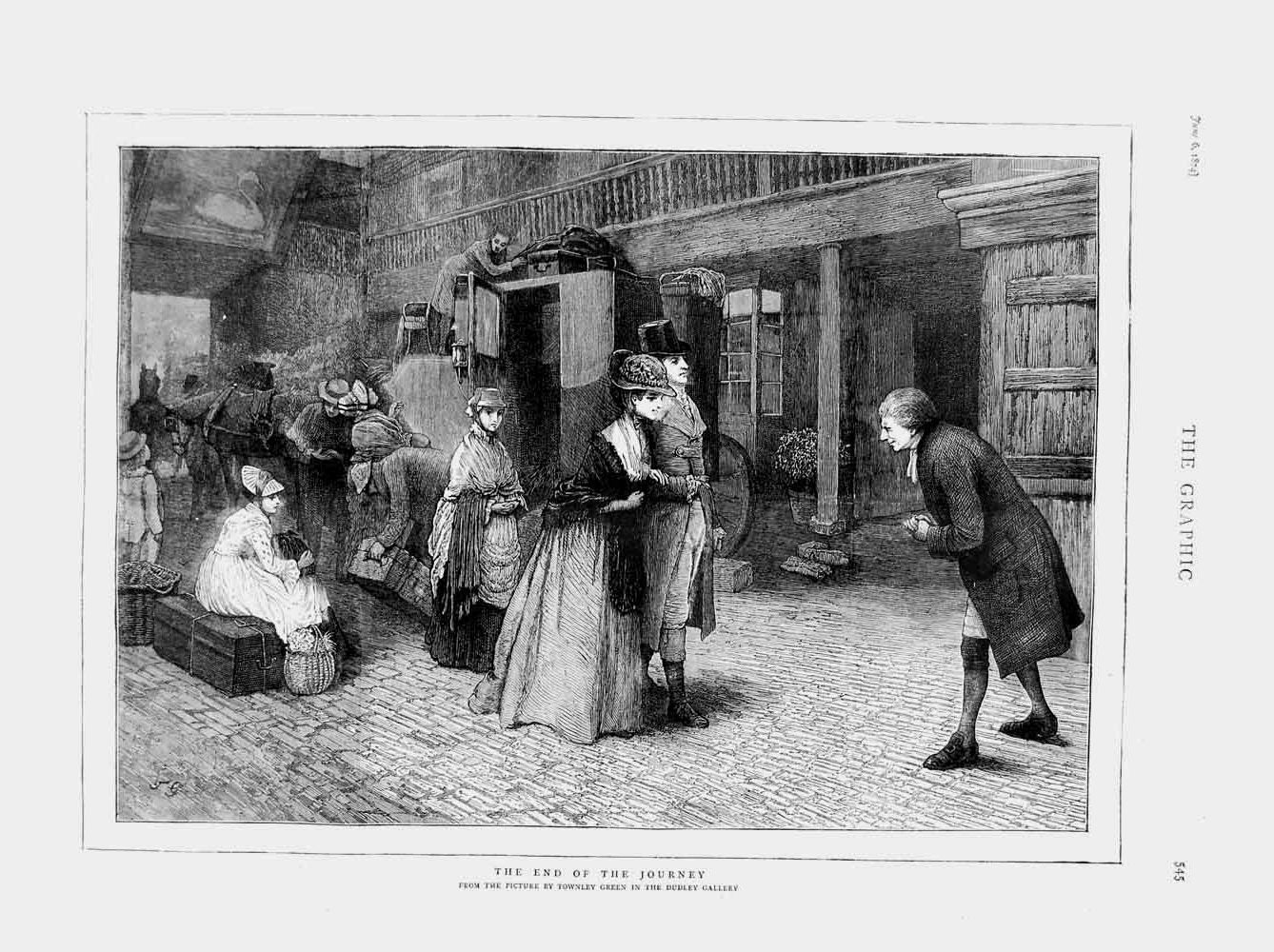 Original Old Antique Print 1874 Transport Horses Carriage Man Woman Travelling